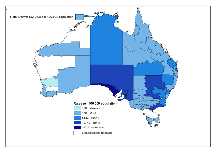 Map 5. Notification rates of pertussis, Australia, 2005, by Statistical Division of residence