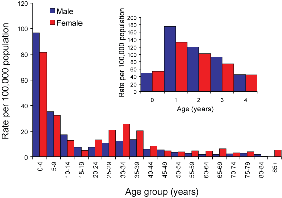Figure 17. Notification rate of cryptosporidiosis, Australia, 2006, by age group and sex