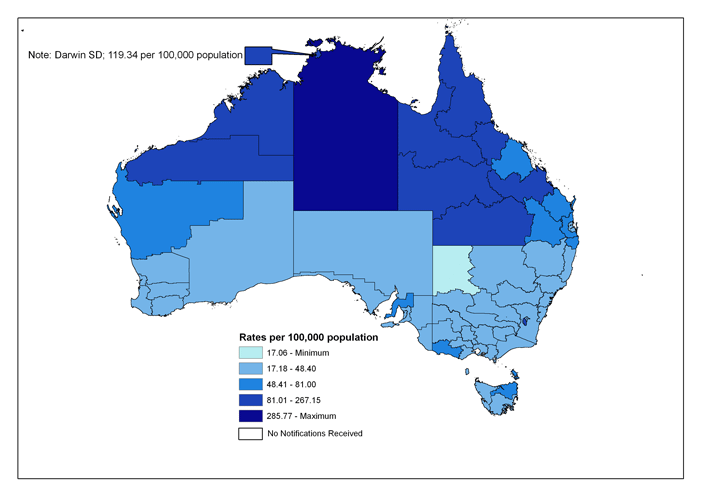Map 2. Notification rates of salmonellosis, Australia, 2006, by Statistical Division of residence