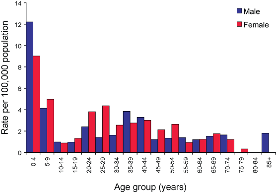 Figure 22. Notification rate of shigellosis, Australia, 2006, by age group and sex
