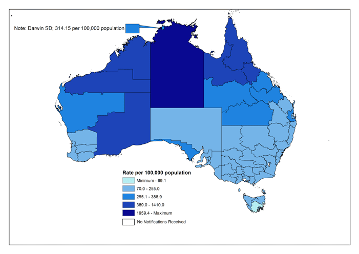 Map 3. Notification rates of chlamydial infection, Australia, 2006, by Statistical Division