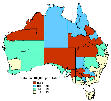 Map 11. Notification rate of Ross River virus infection, 1997, by Statistical Division of residence