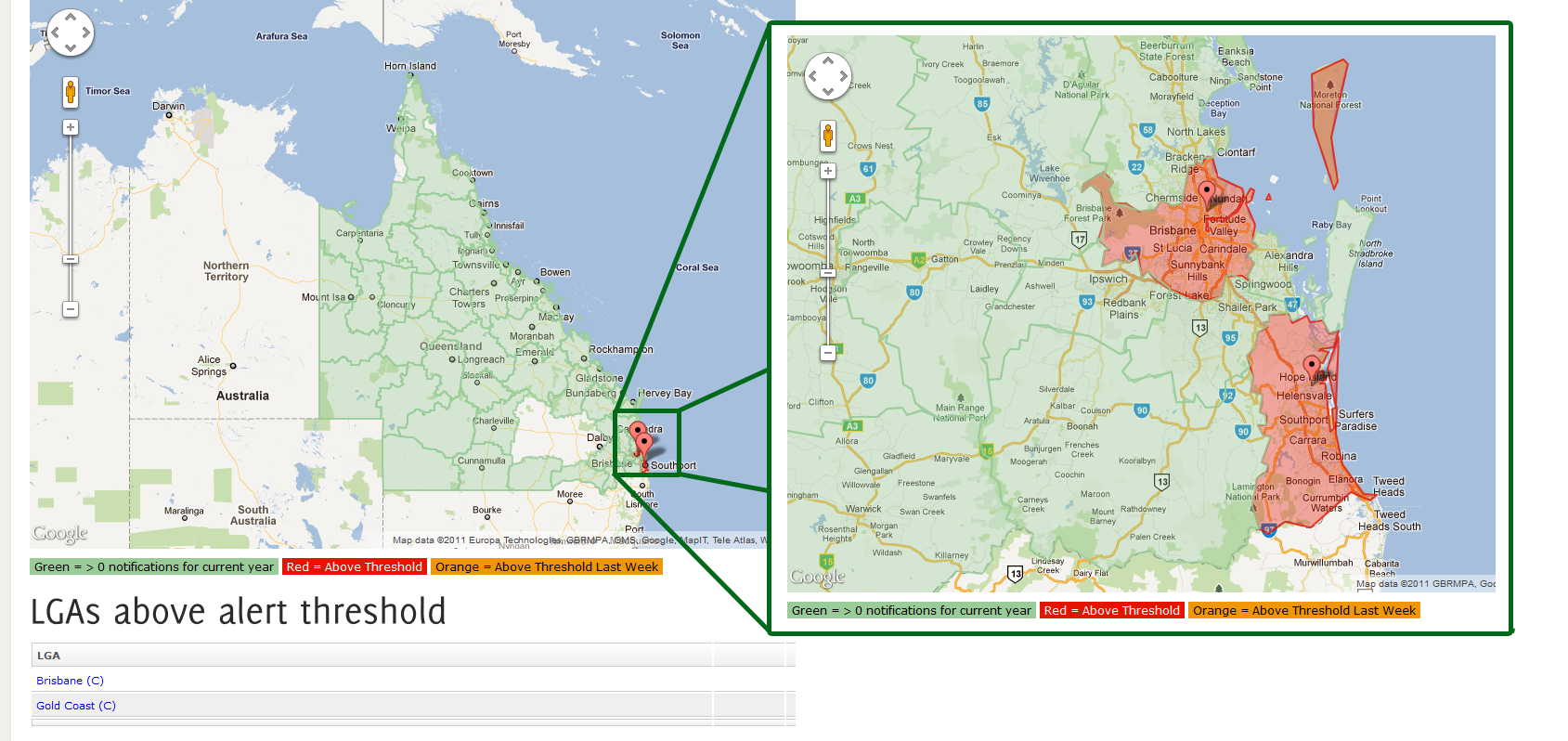 This image is a screen dump of a VEDS map highlighting higher than expected Ross River virus activity in the Brisane and Gold Coast regions. Example only.