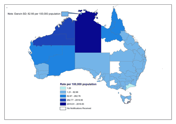 Map 4. Notification rate for gonococcal infections, Australia, 2005, by Statistical Division of residence