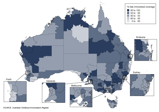 Figure 14:'Fully immunised' coverage at 24 months of age Australia, by Statistical Sub- Division, 2010