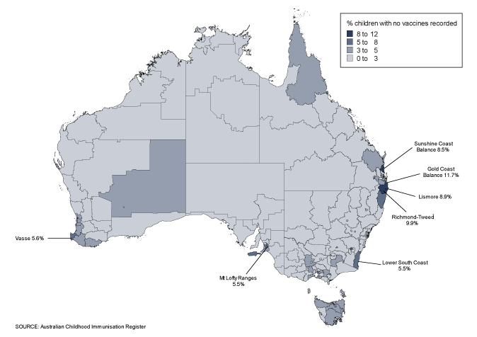 Figure 17: Proportion of children with no vaccines recorded on the ACIR, Australia, 2010 (cohort born Jan 2004 - Dec 2009)