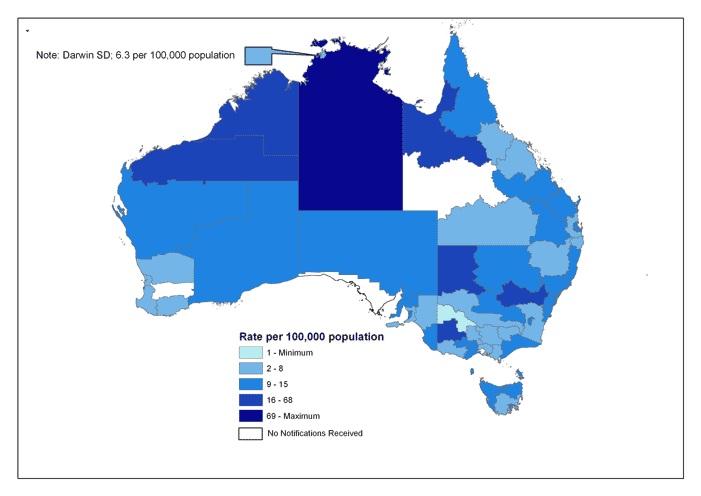 Notification rates of invasive pneumococcal  disease, Australia,  2005, by Statistical Division of residence