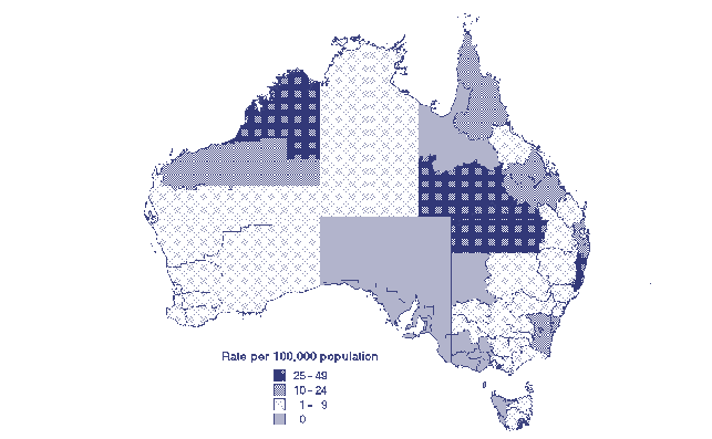 Map 9. Barmah Forest virus infection rate by Statistical Division of residence, 1999
