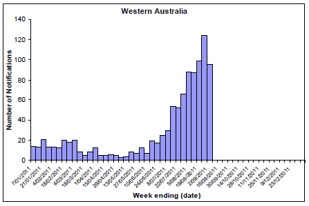 Figure 7.  State breakdowns of laboratory confirmed cases of influenza, 1 January to 2 September 2011, by week: WA
