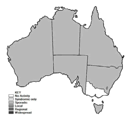 Figure 6. Map of influenza and ILI activity, by state and territory, during fortnight ending 11 June 2010