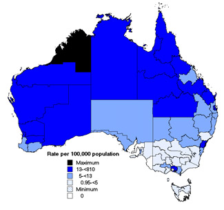 Map 4. Notification rates of gonococcal infection, Australia, 2002, by Statistical Division of residence