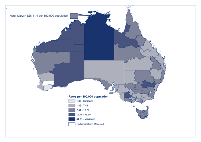 Map. Notification rates of invasive pneumococcal disease, Australia, 2006, by Statistical Division of residence