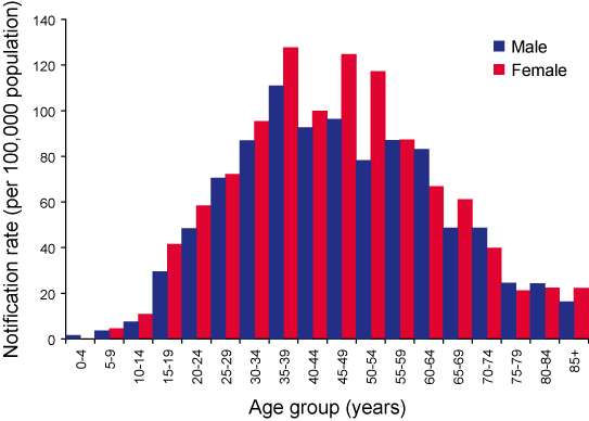 Figure 19. Notification rate for Ross River virus infections, Queensland, 1 July 2005 to 30 June 2006, by age group and sex
