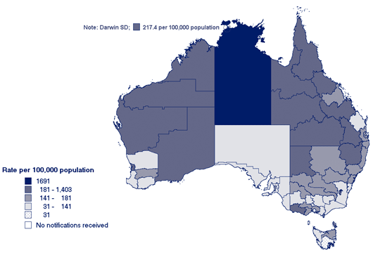 Map 3. Notification rates of chlamydial infection, Australia, 2004, by Statistical Division