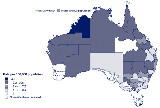 Map 5. Notification rates of syphilis infection, Australia, 2004, by Statistical Division of residence