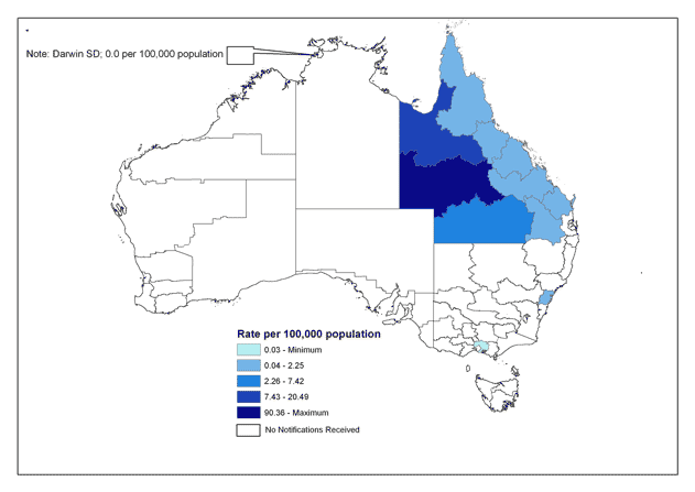 Map 9. Notification rate for brucellosis, Australia 2005, by Statistical Division of residence