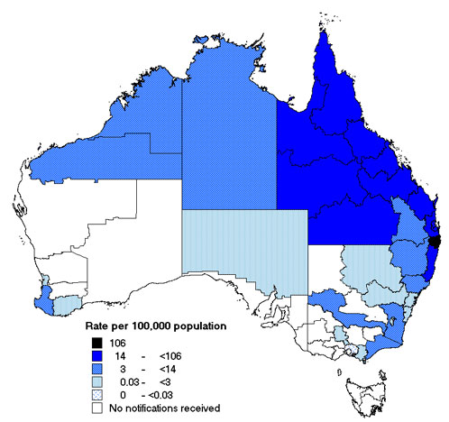 Map 6. Notification rates of Barmah Forest virus infection, Australia, 2003, by Statistical Division of residence
