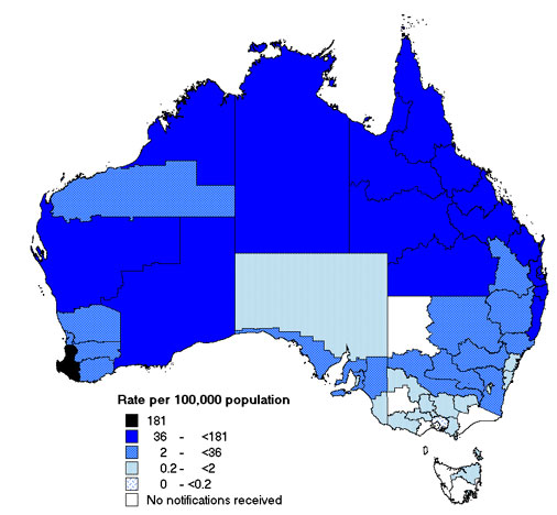 Map 7. Notification rates of Ross River virus infection, Australia, 2003, by Statistical Division of residence