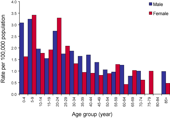 Figure 19. Notification rate for hepatitis A, Australia, 2005, by age group and sex