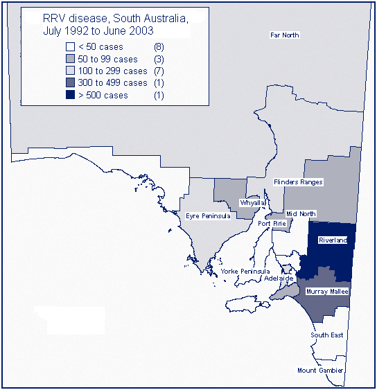 Figure 5. Distribution of Ross River virus cases, South Australia, July 1992 to June 2003, by suspected region of acquisition