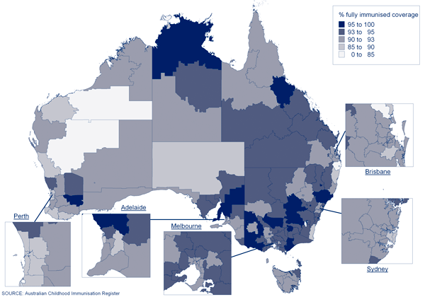 Figure 16:  'Fully immunised' coverage at 24 months of age, by Statistical Subdivision, Australia, 2008