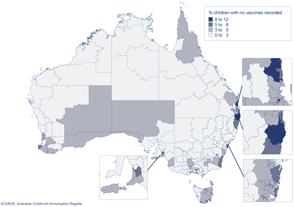 Figure 19:  Proportion of children with no vaccines recorded on the ACIR, Australia, 2008