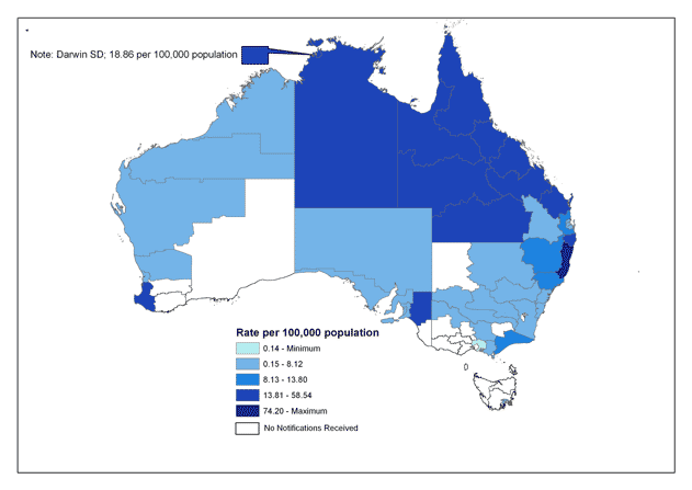 Map 7. Notification rate of Barmah Forest virus infections, Australia, 2005, by Statistical Division of residence