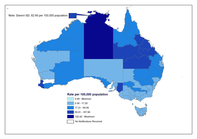 Map 8. Notification rate of Ross River virus infections, Australia, 2005, by Statistical Division of residence