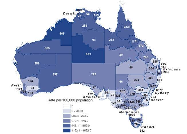 Map 2:  Notification rates and counts  for chlamydial infection, Australia, 2009, by Statistical Division and Statistical Subdivision of residence in the Northern Territory