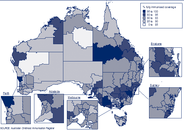 Figure 14:  'Fully immunised' coverage at 12 months of age, by Statistical Subdivision, Australia, 2009