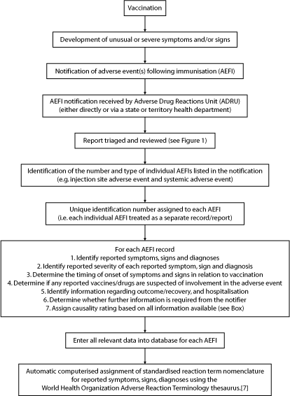 Figure 2. Flow chart showing processing of notifications of adverse events following immunisation by staff of the Adverse Drug Reactions Unit