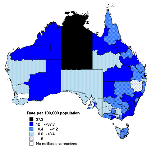 Map.  Notification rates of invasive pneumococcal disease, Australia, 2003 by statistical division of residence
