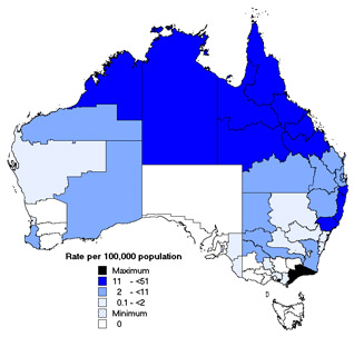 Map 7. Notification rates of Barmah Forest virus infection, Australia, 2002, by Statistical Division of residence