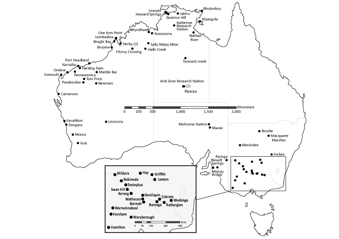 Map: Location of sentinel chicken flocks, Australia, 2010-11