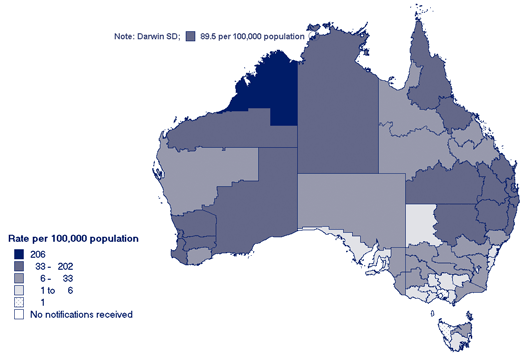 Map 8. Notification rates for Ross River virus infections, Australia, 2004, by Statistical Division of residence