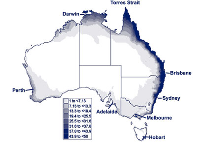 Figure. The potential distribution of <em>Ae. albopictus</em> as determined by climate in Australia, estimated by the CLIMEX Ecoclimatic Index with a scale from zero for failure to establish up to 100 for optimal for growth throughout the year