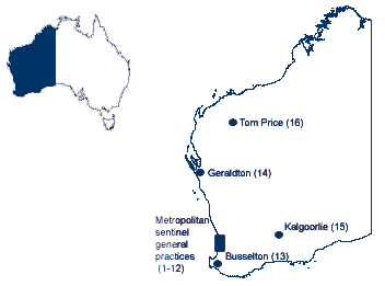 Figure 1. Map of Western Australia showing the location of the 2003 sentinel general practices