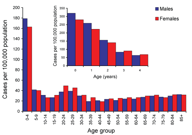 Salmonellosis notifications, Australia, 2008, by age group and sex