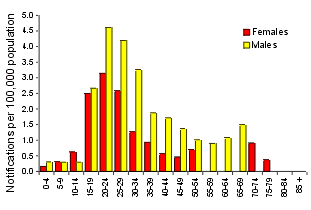 Figure 1. Notification rate of hepatitis B (incident), 1998, by age group and sex